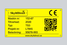 Gul maskinskylt, graverad plast